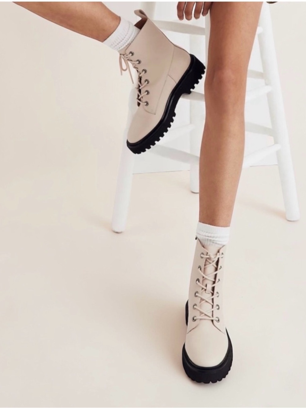 Madewell 6.5 Cream Leather Rayna Lace Up Platform Combat Boot Grunge Streetwear